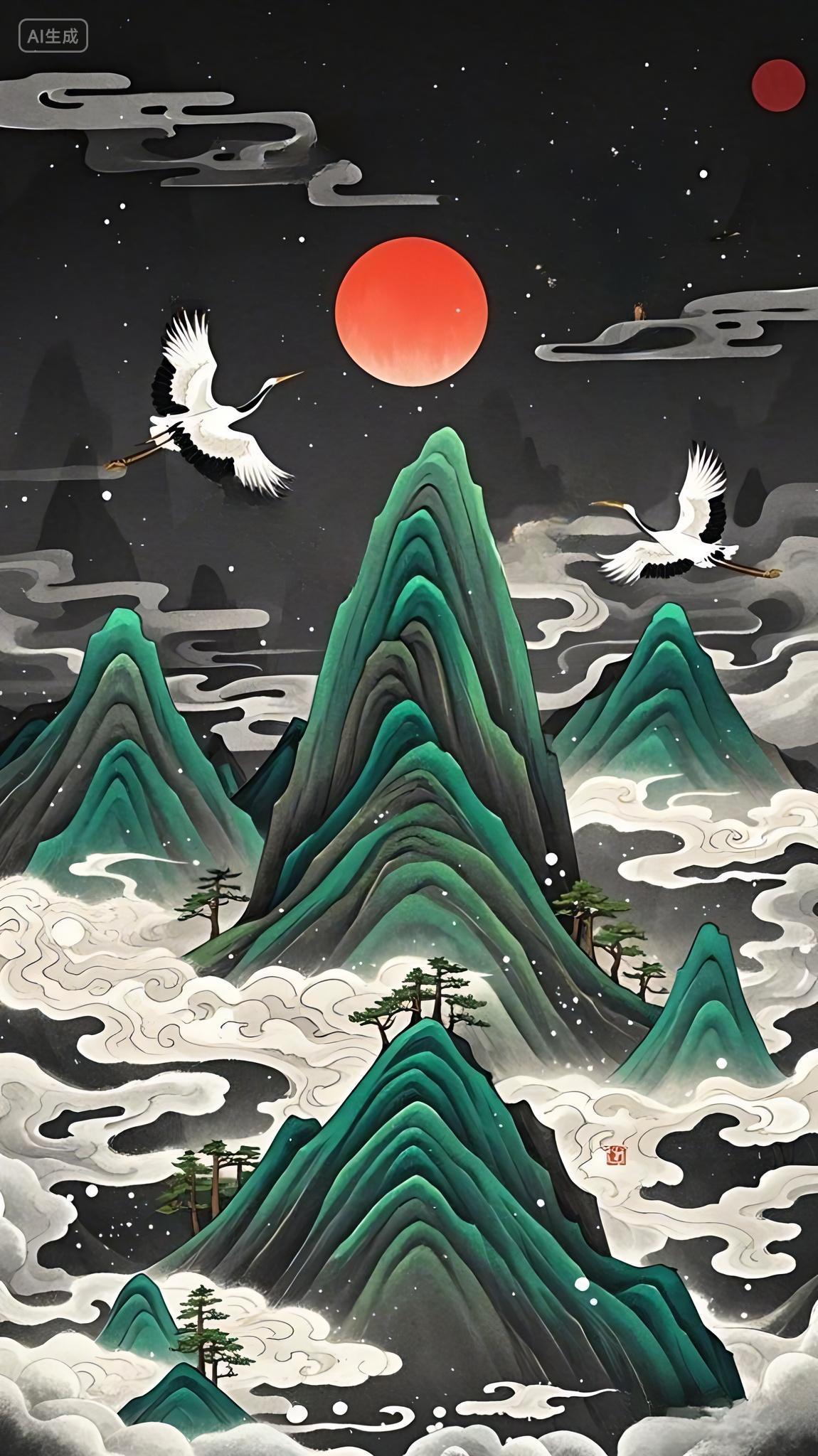 中国风山水仙鹤国潮背景素材AI