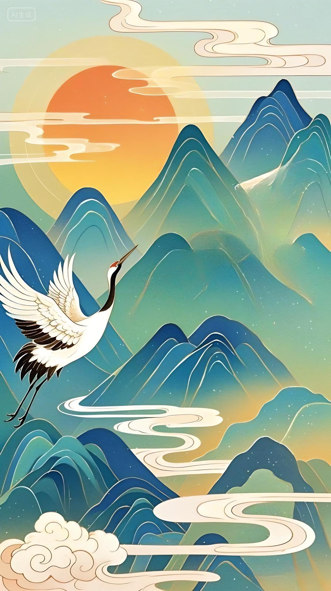 中国风山水仙鹤国潮背景素材AI
