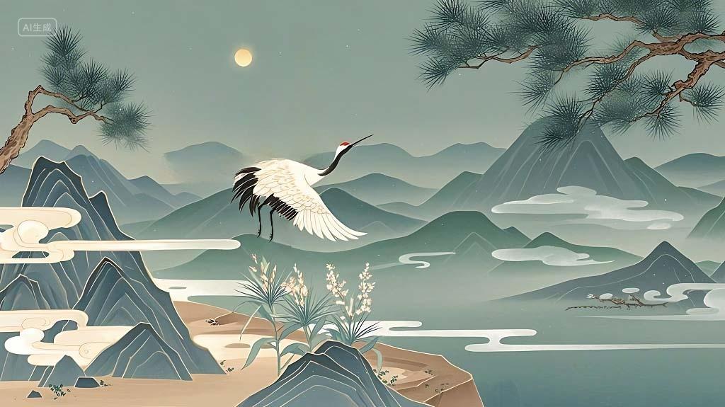 中国风山水仙鹤国潮背景素材AI