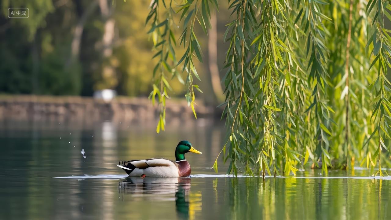 池塘里两只野鸭鸳鸯嬉戏春天自然生态动物
