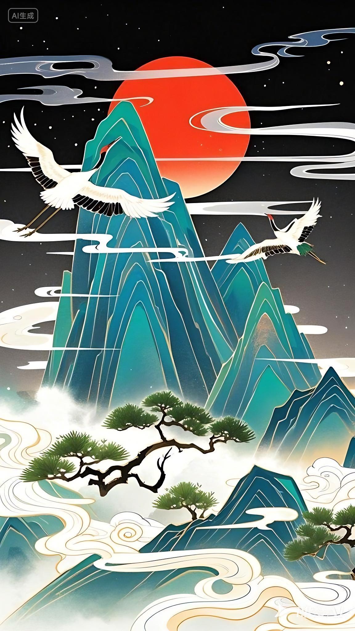 中国风山水仙鹤国潮背景素材AI