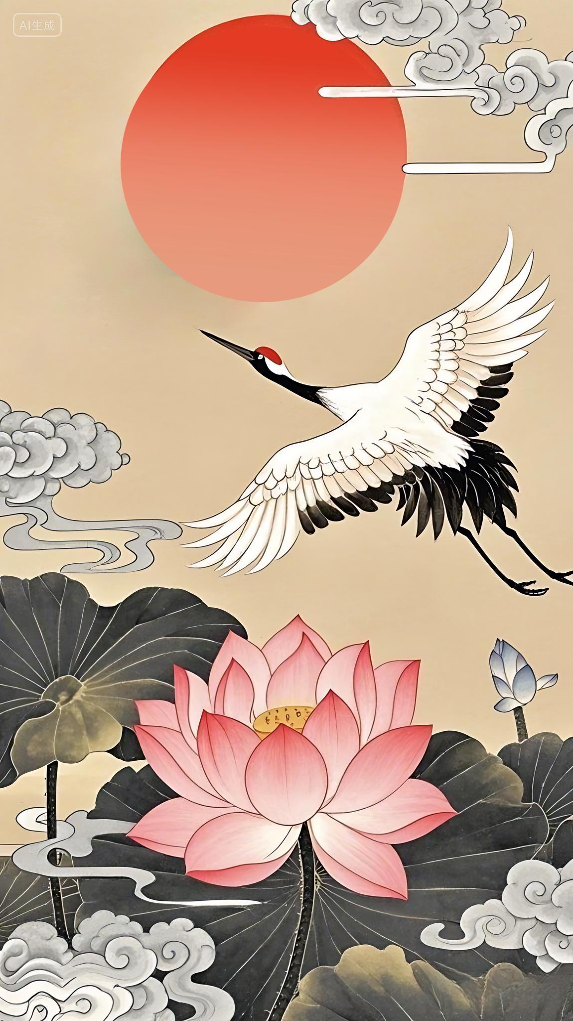 中国风山水仙鹤国潮背景素材AI