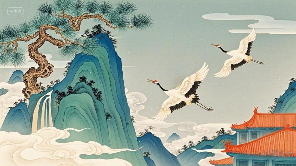 中国风山水仙鹤国潮背景素材AI
