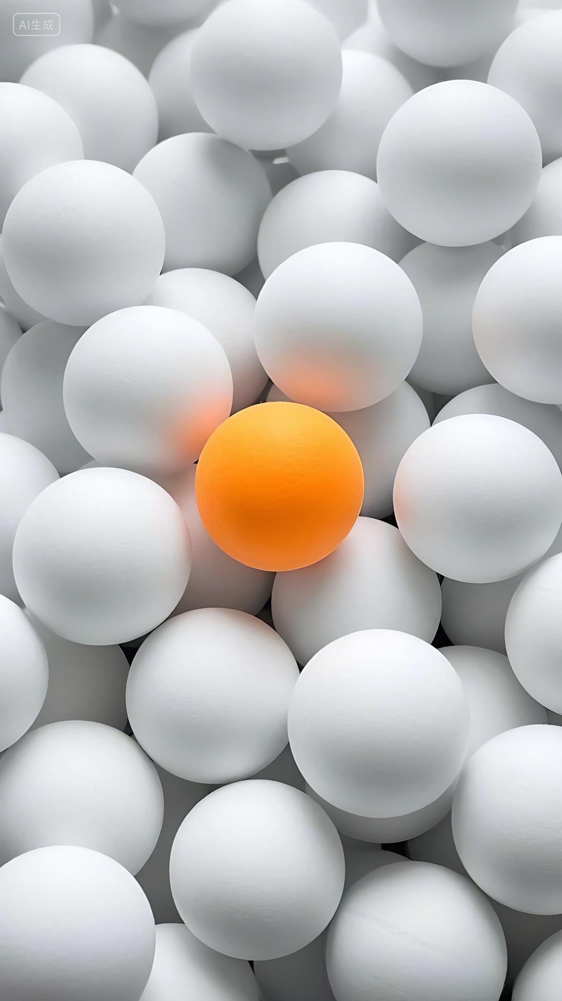 很多白色的乒乓球和一个黄色的乒乓球AI