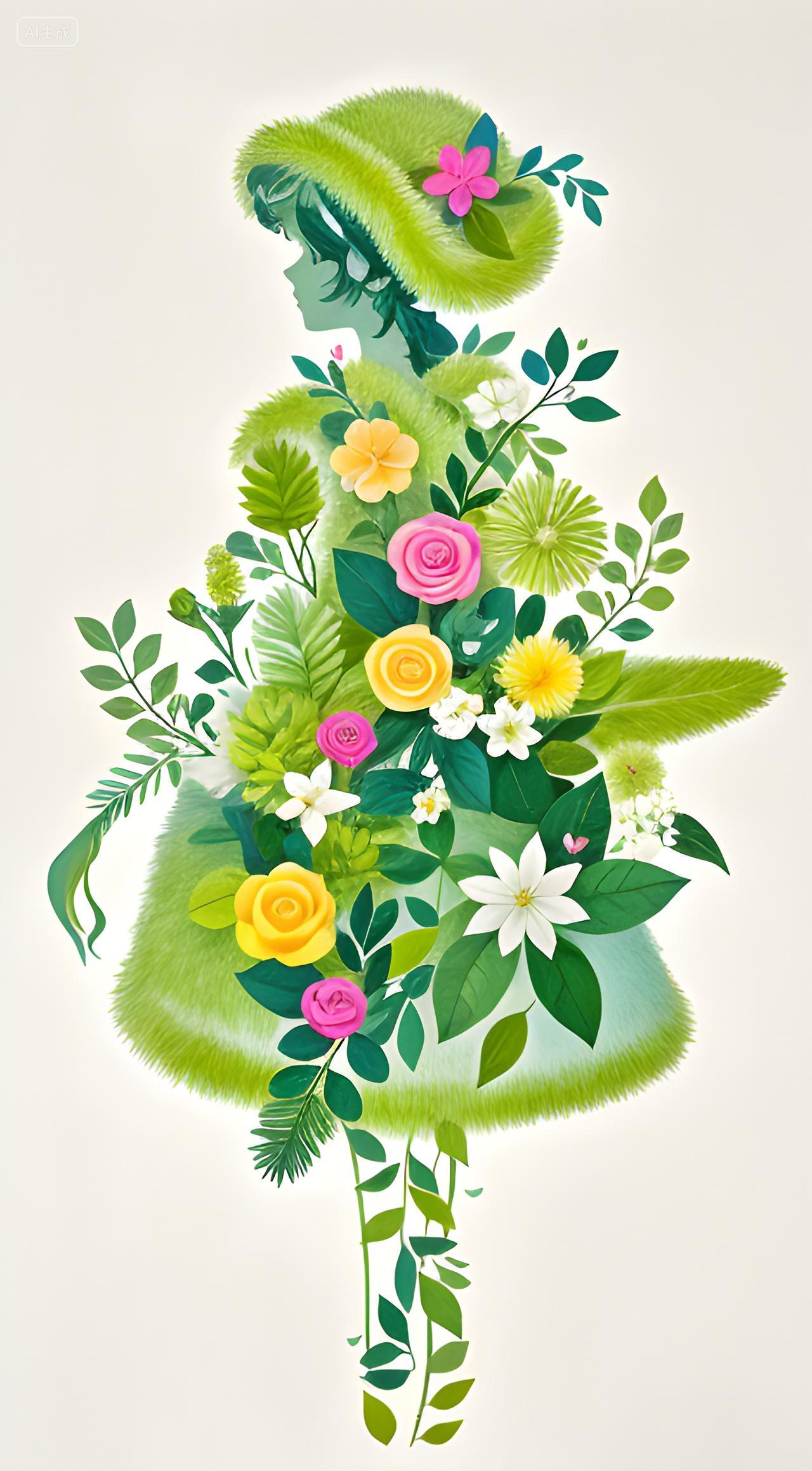 春天春季春分绿色树叶和鲜花组成一个美丽可爱的女孩轮廓