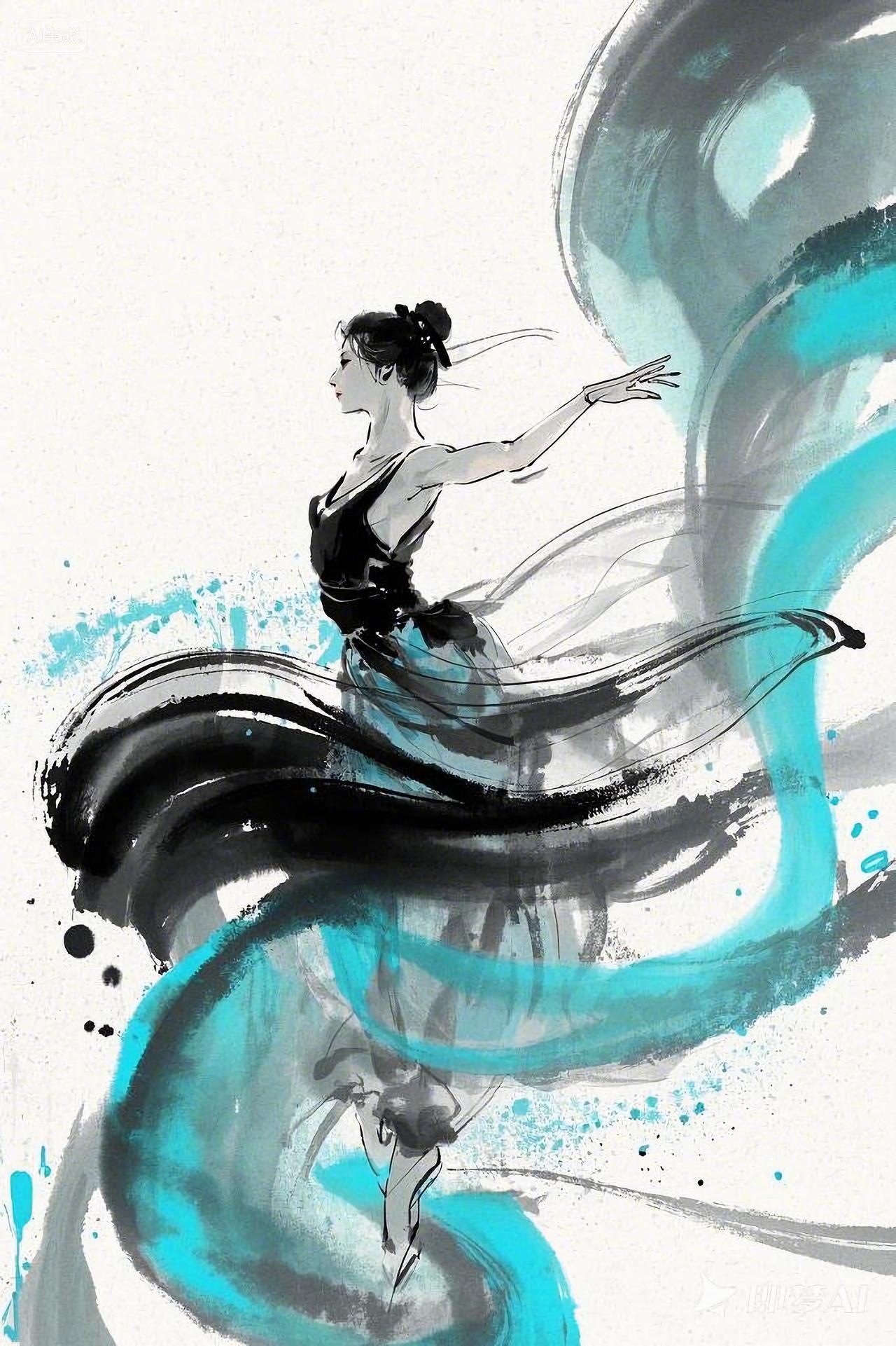 舞蹈跳舞蓝黑水墨中式舞蹈女子动感舞蹈姿态的艺术画面