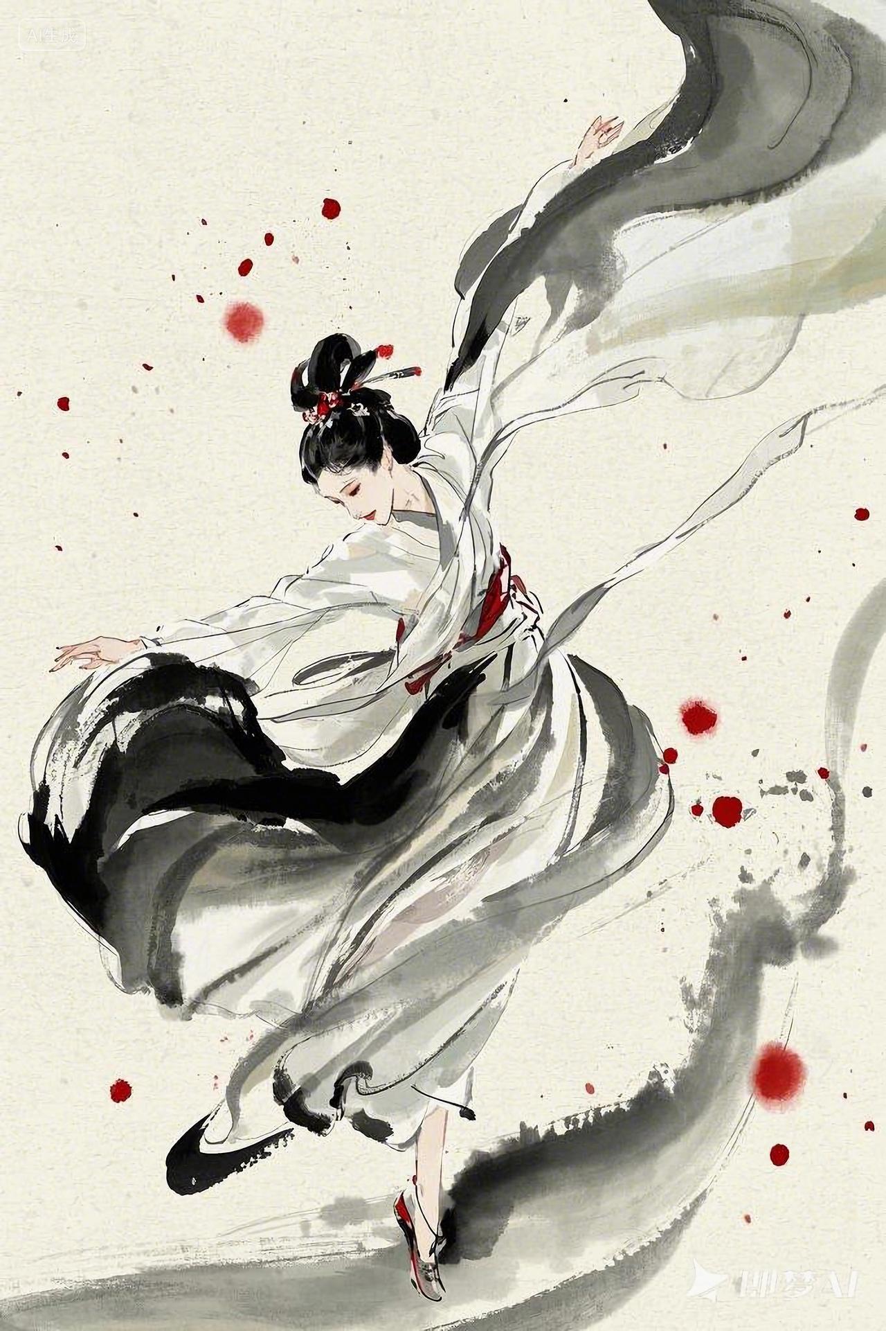 舞蹈跳舞中式舞蹈水墨风格描绘古典女子身着飘逸服饰起舞的画面