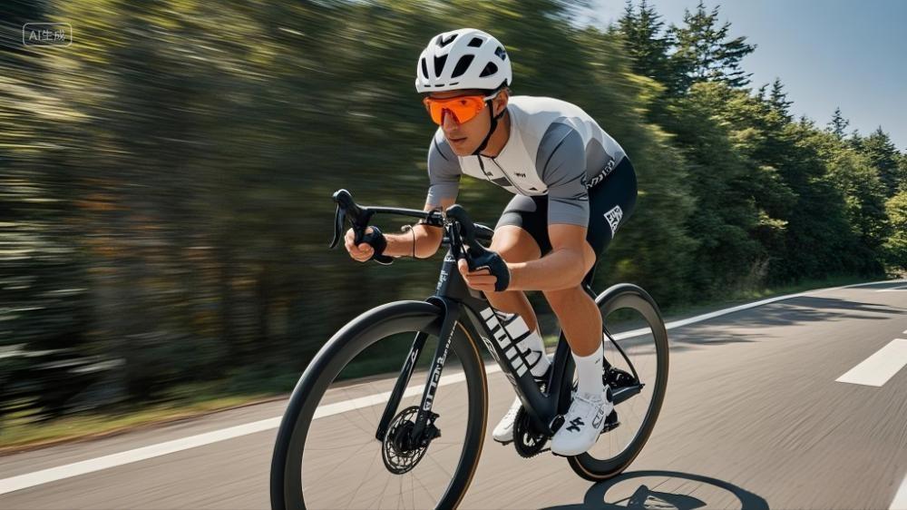 户外运动骑行蓝天下马路上骑山地车的男子AI