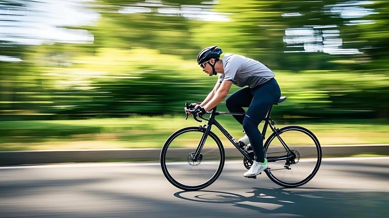 户外运动骑行蓝天下马路上骑山地车的男子AI