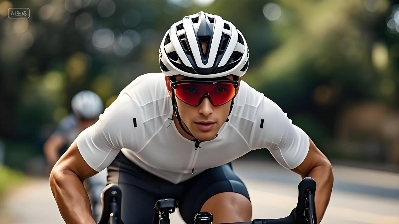 户外运动骑行蓝天下马路上骑山地车的男子AI