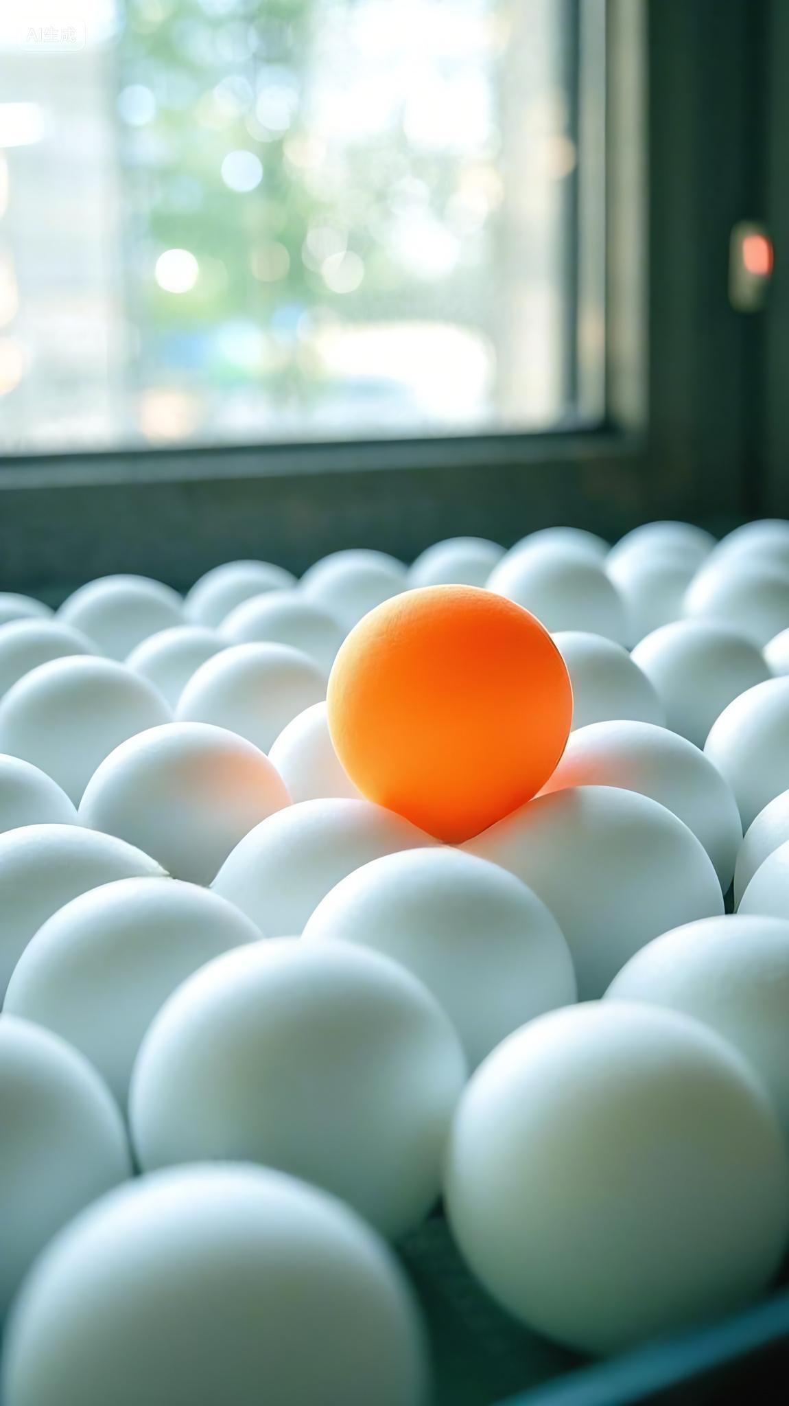 很多白色的乒乓球和一个黄色的乒乓球特写AI