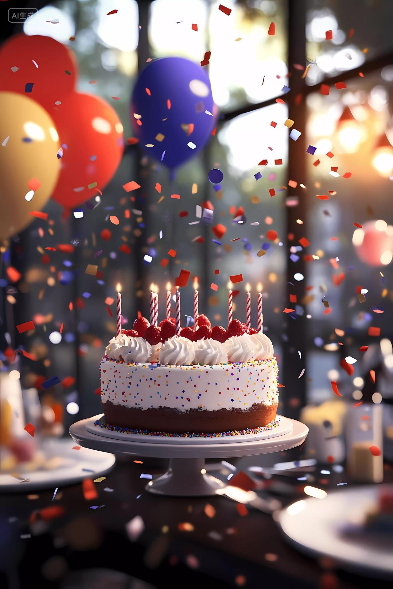 彩色气球彩带环绕的草莓生日蛋糕场景图