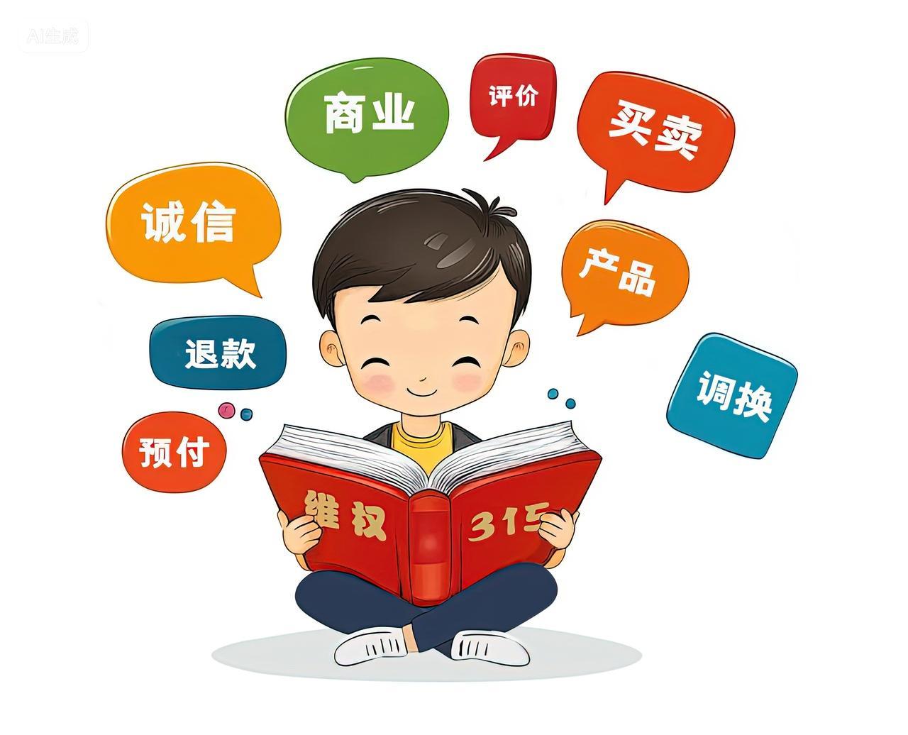 一个卡通男孩在读一本维权的书315消费者权益日背景海报