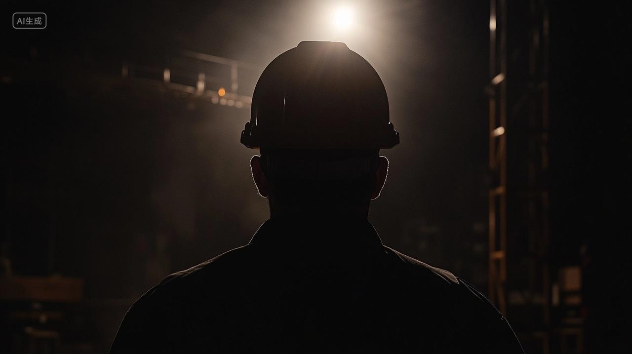 五一路灯下的戴头盔的建筑工人黑色剪影人影轮廓安全生产