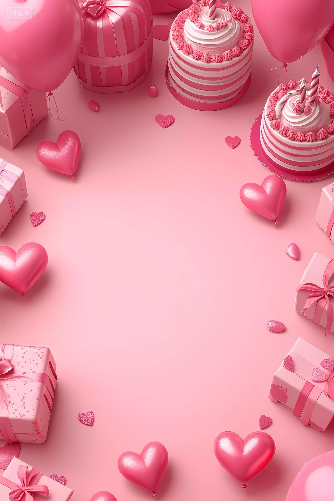 粉色系气球礼物围绕的双层生日蛋糕场景图