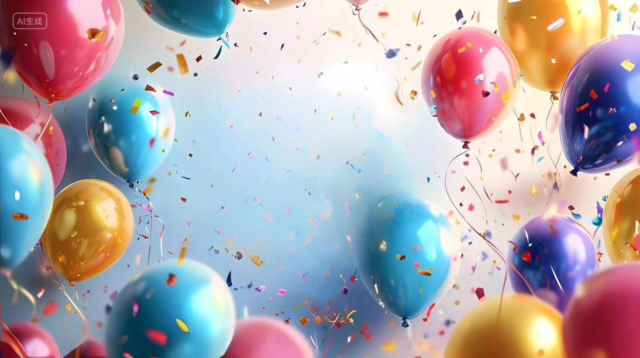 浅蓝色背景中彩色气球和五彩纸屑营造欢乐氛围的图片