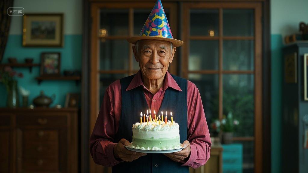 戴着彩色派对帽的老人手持绿色奶油生日蛋糕生日背景