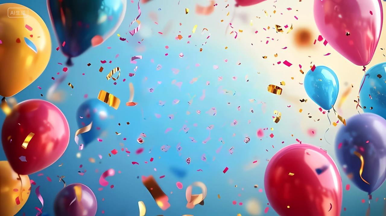 蓝色天空背景下彩色气球与五彩纸屑飞扬的庆祝图