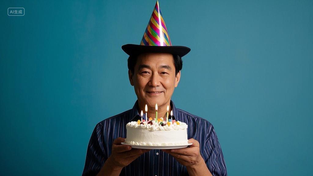 中年男子头戴派对帽手持插蜡烛生日蛋糕生日背景