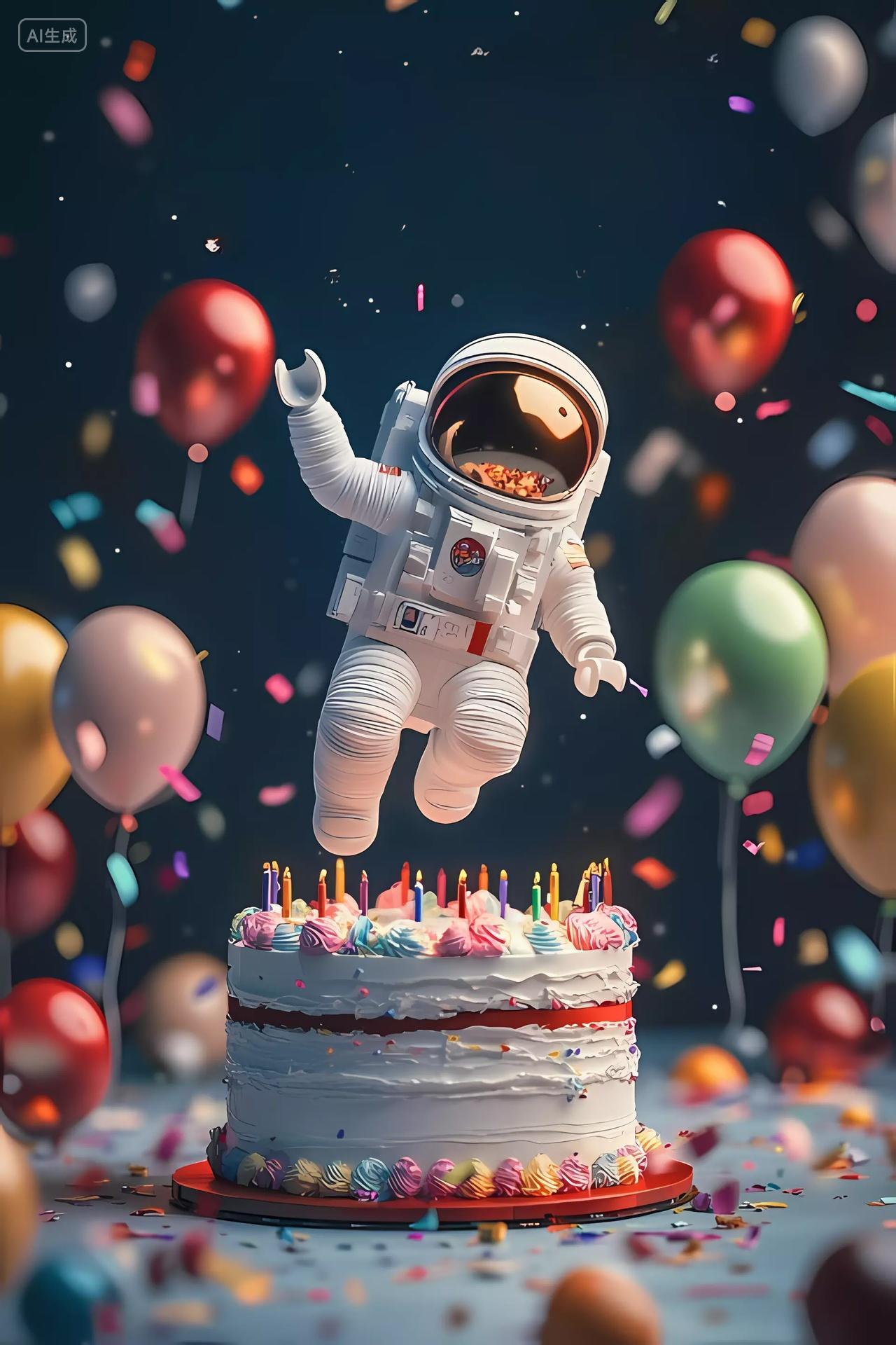 星空背景下宇航员悬浮在装饰精美的生日蛋糕旁的图片