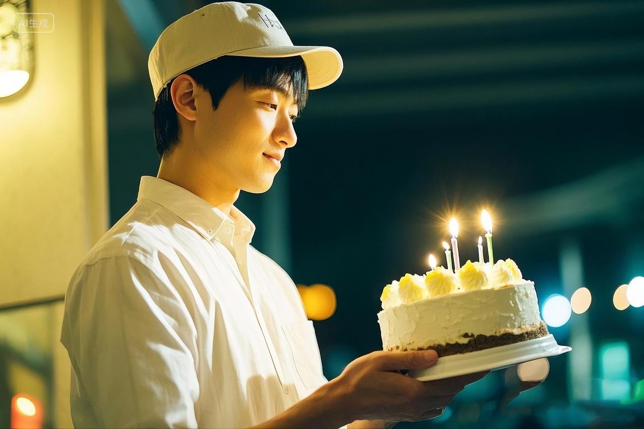 年轻男子夜晚在户外手持插蜡烛生日大蛋糕成人礼