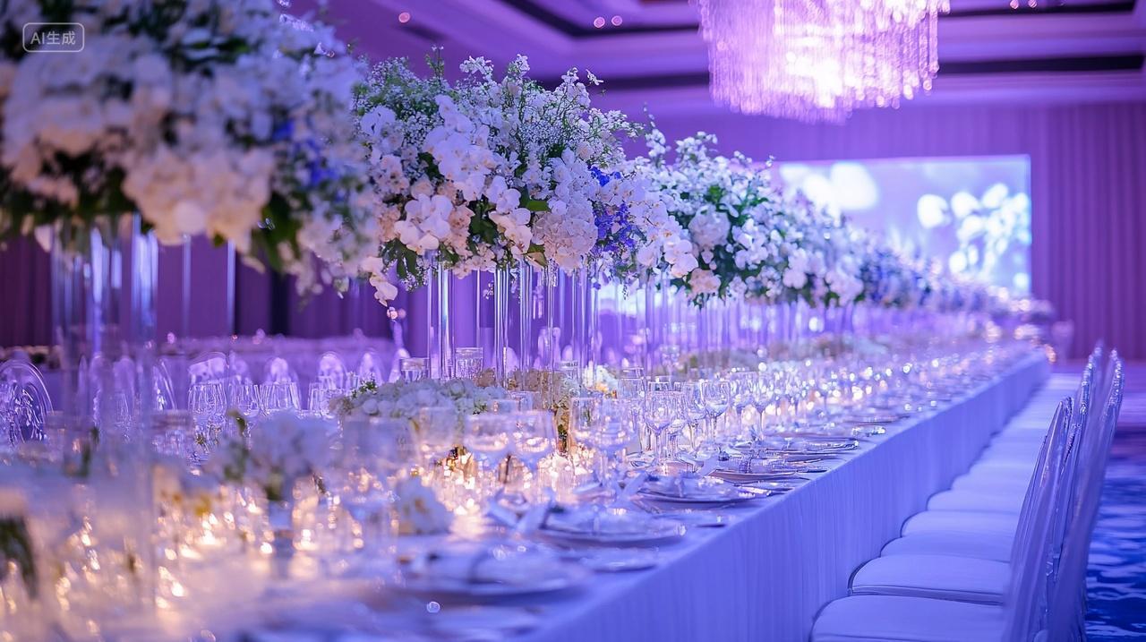 紫色光影下摆满鲜花酒杯的婚礼宴会长桌图