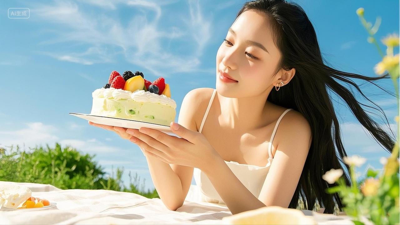 生日背景女孩在户外蓝天草地间手持水果装饰生日蛋糕生日派对