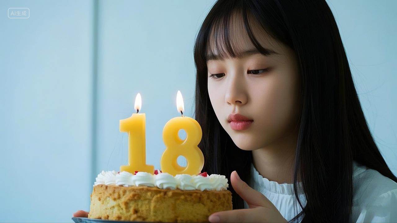 女孩专注凝视插着18岁蜡烛的生日小蛋糕生日派对成人礼