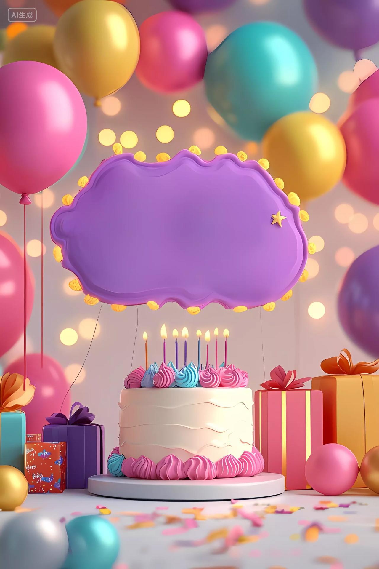 紫色装饰牌彩色气球环绕的生日蛋糕与礼物的庆祝图