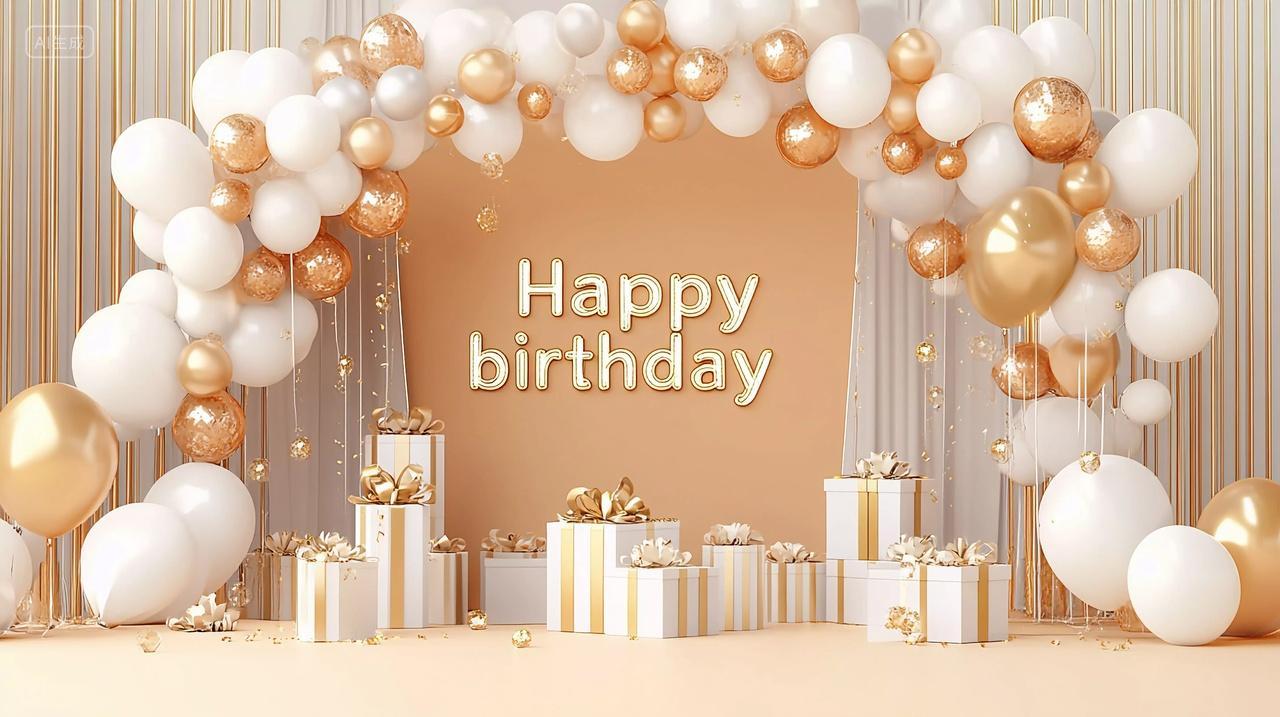 金白色气球和礼物打造的精致生日庆祝活动背景