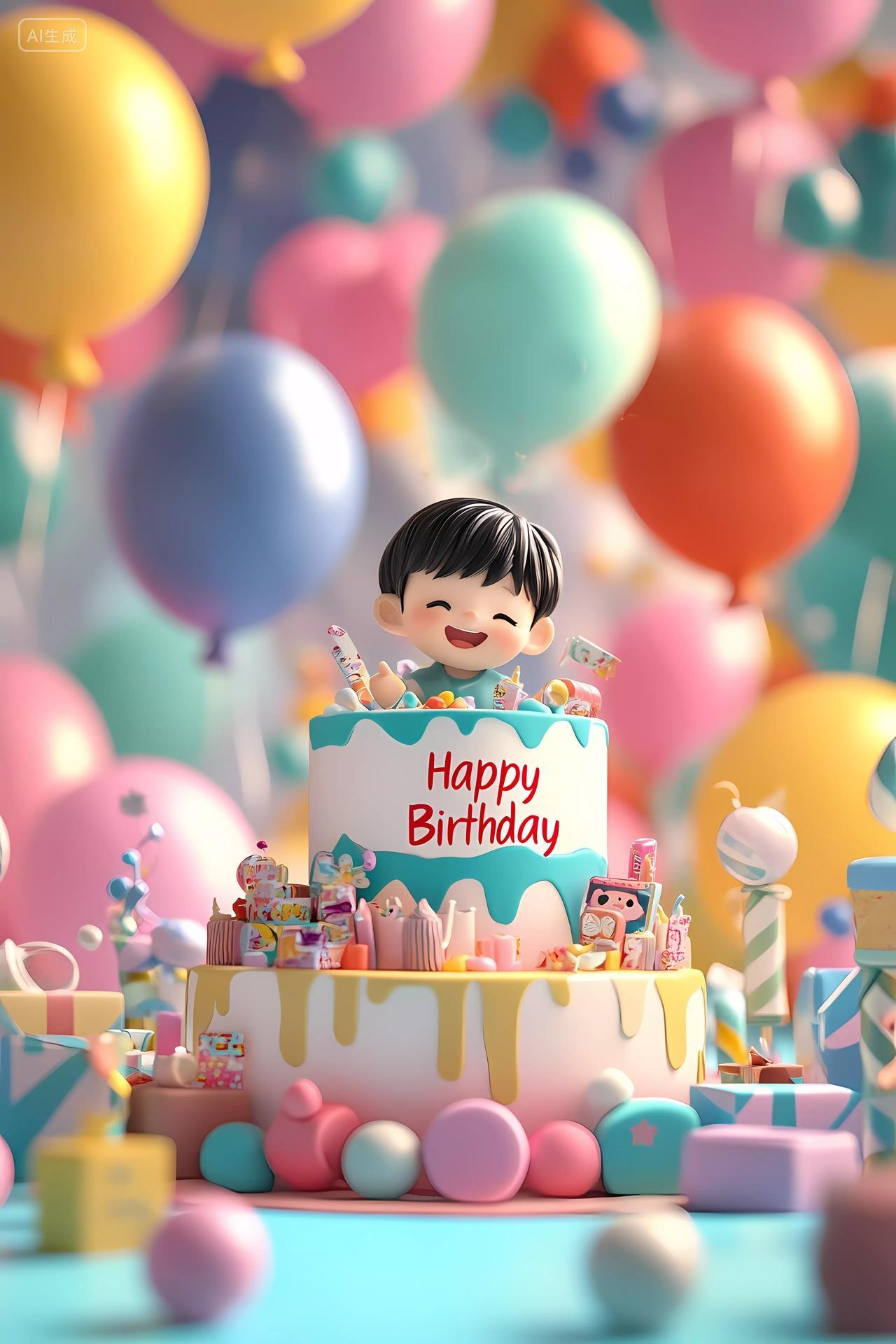 彩色气球围绕着写有生日快乐字样蛋糕及小男孩的欢乐生日图