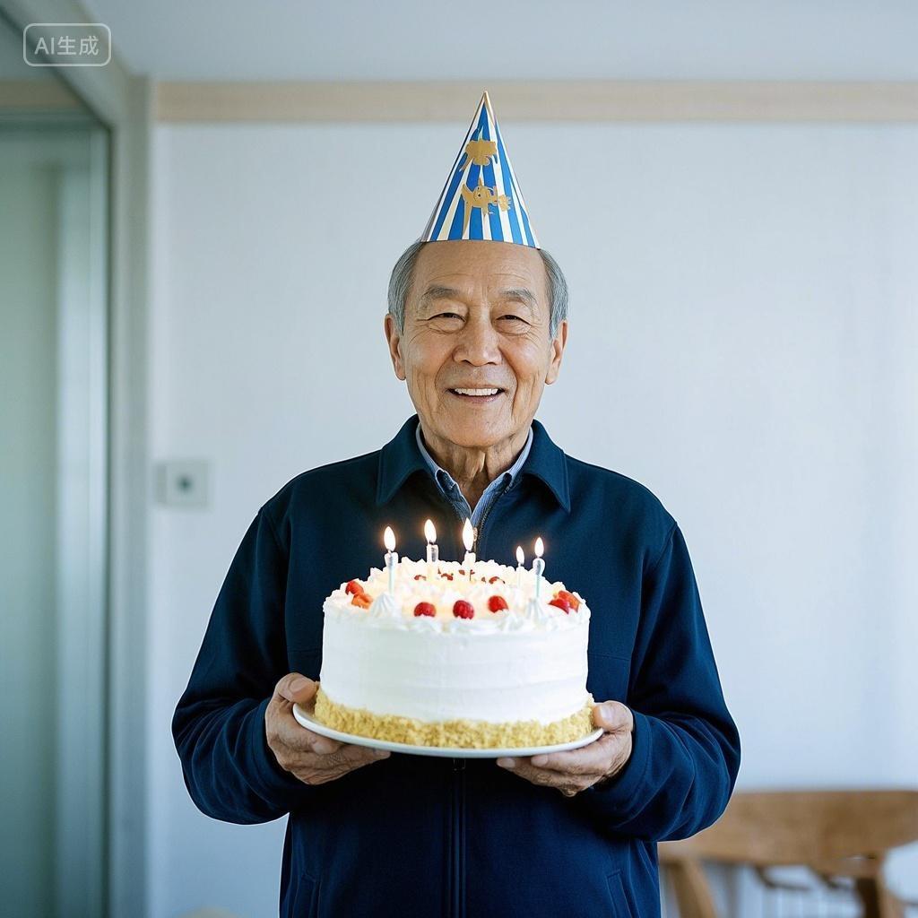 戴着蓝白派对帽老人手持水果装饰生日蛋糕微笑