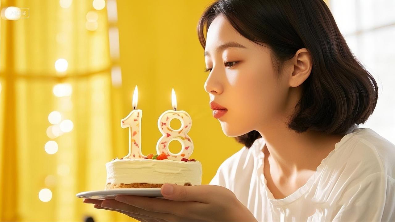 短发女孩专注吹灭18岁生日蛋糕上蜡烛生日背景生日派对