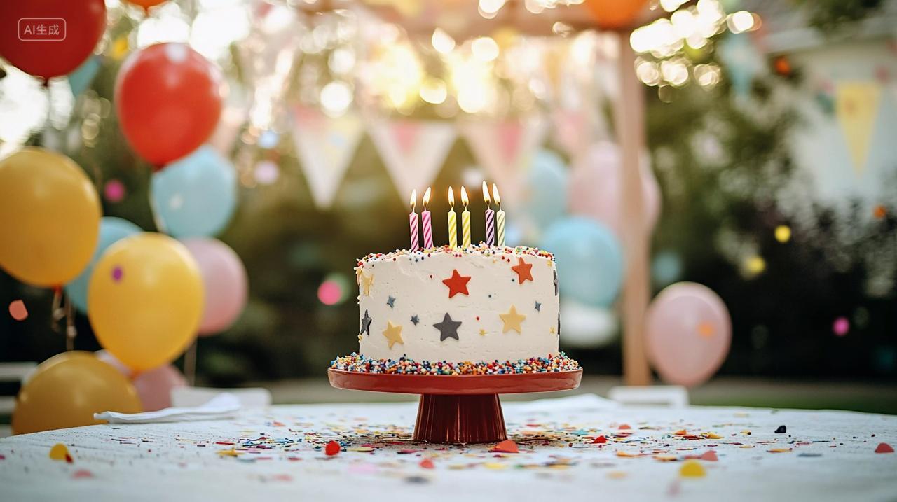 户外彩色气球与彩旗环绕下的星星图案生日蛋糕