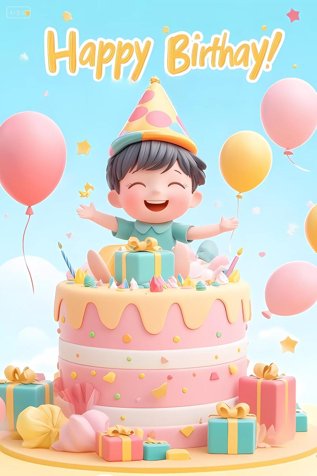 蓝色天空背景下戴着派对帽小男孩坐在蛋糕上欢呼图