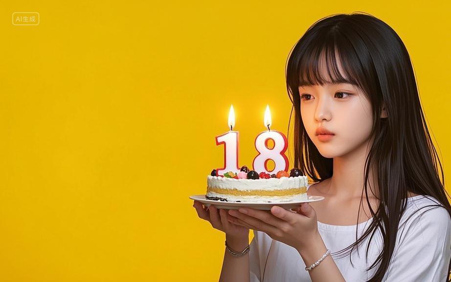 女孩手持插着18蜡烛生日蛋糕在黄色背景前凝视生日派对