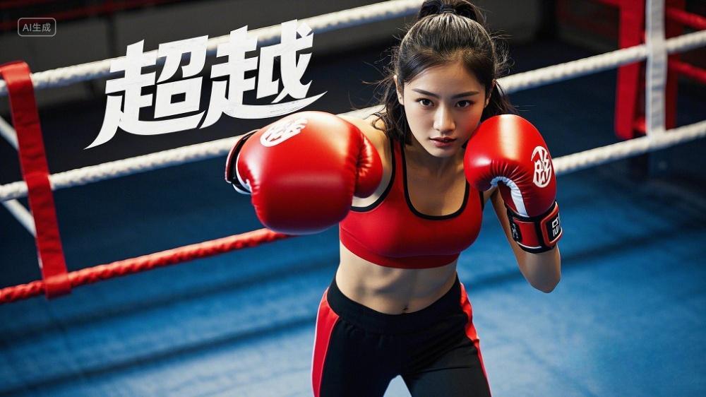 一位在拳击场馆内的女性戴着红色拳击手套正做出出拳动作