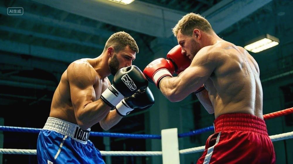 拳击擂台上的实战场景两位男性拳击手正在对打