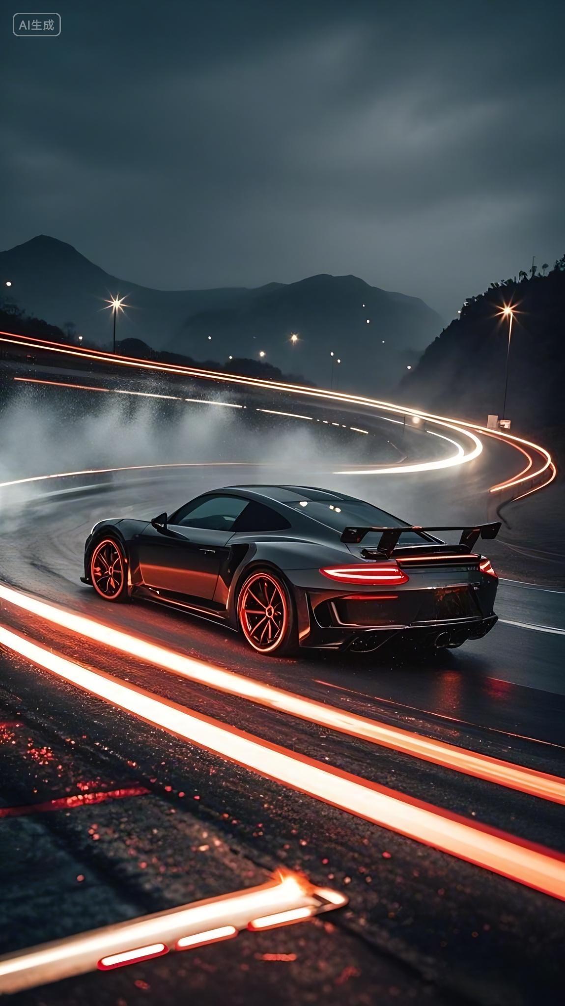 一辆黑色跑车在蜿蜒道路上高速行驶的场景