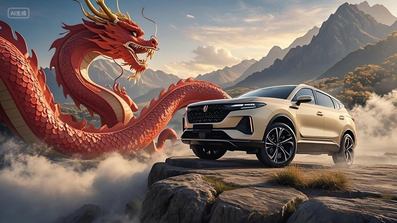 一辆米白色的SUV背景是极具中国风的画面汽车宣传海报