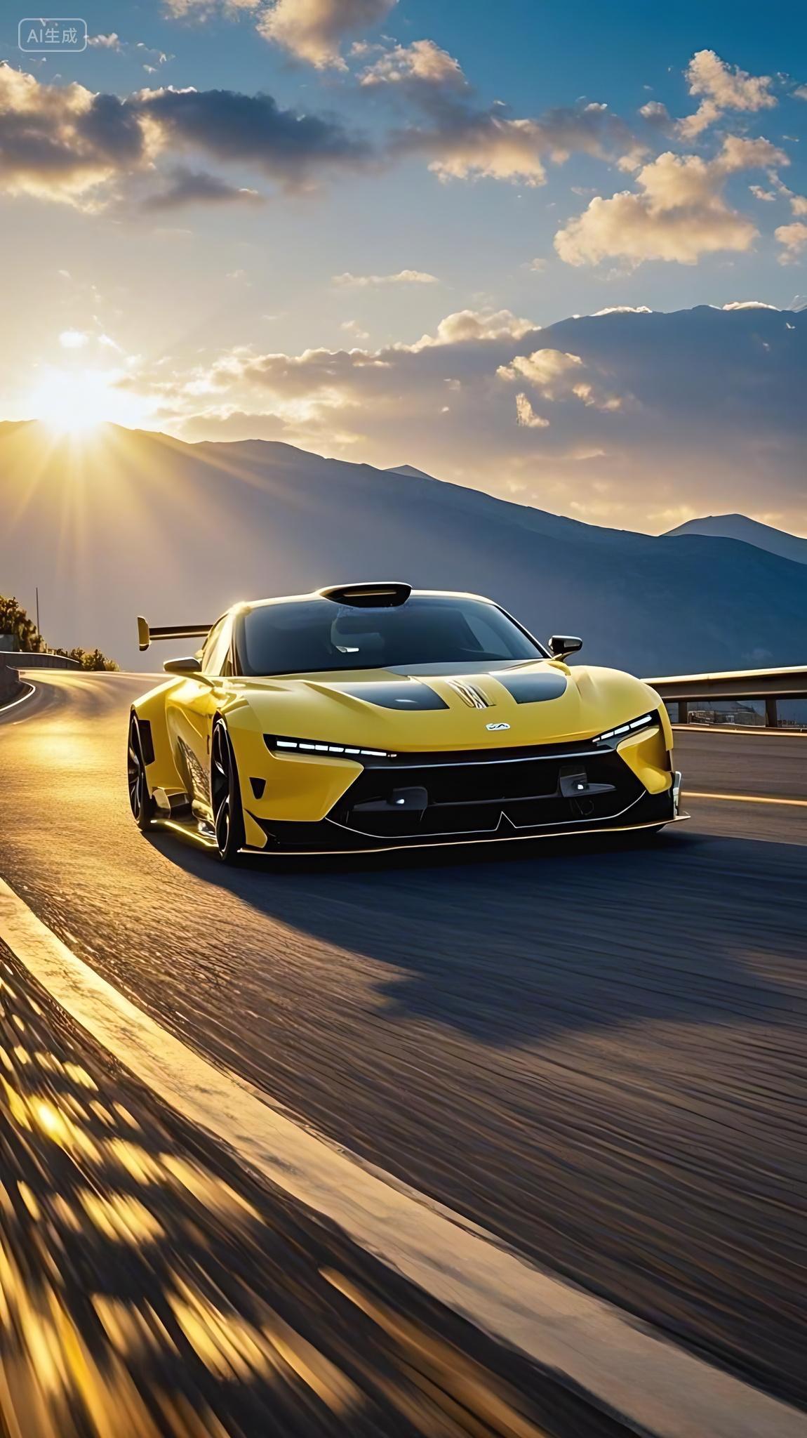 一辆亮黄色的轿车行驶在道路上