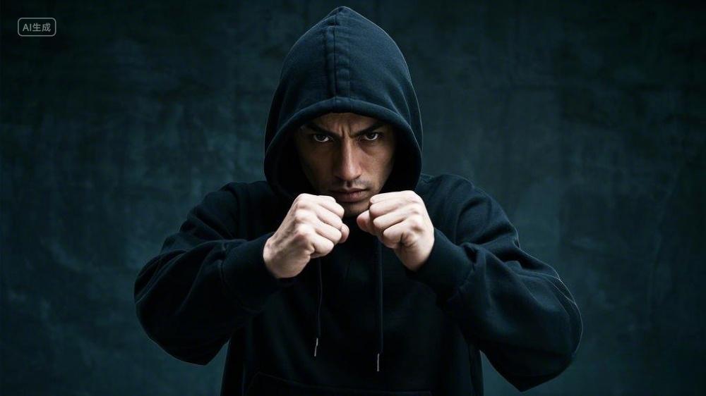 一位身着黑色连帽衫的人摆出类似格斗的准备姿势