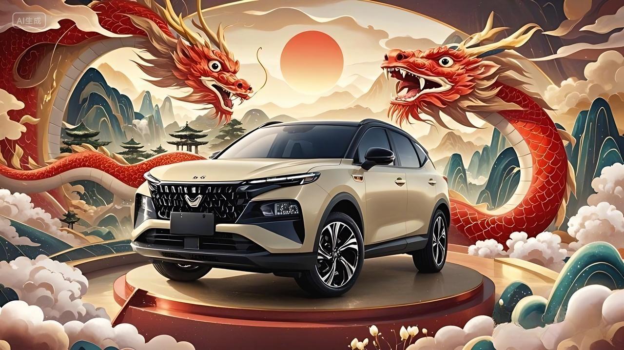 一辆米白色的SUV背景是极具中国风的画面汽车宣传海报