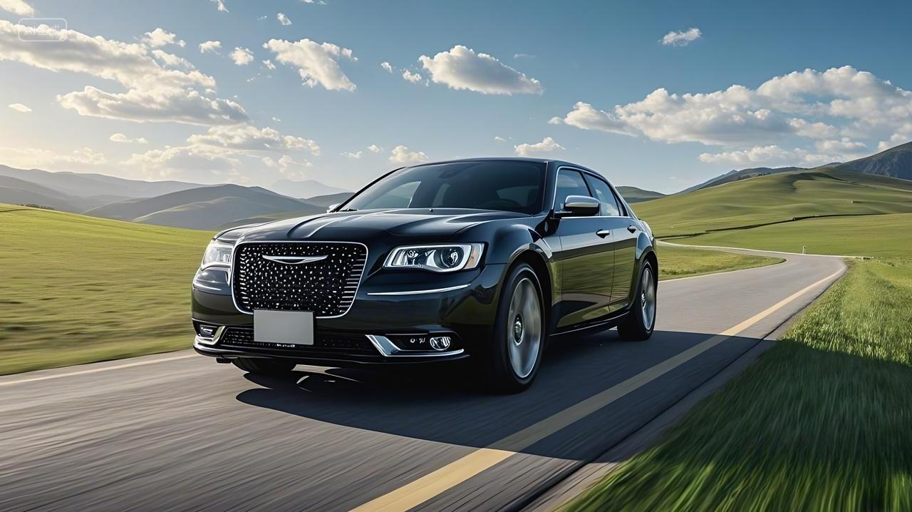 一辆黑色的克莱斯勒轿车在道路上行驶