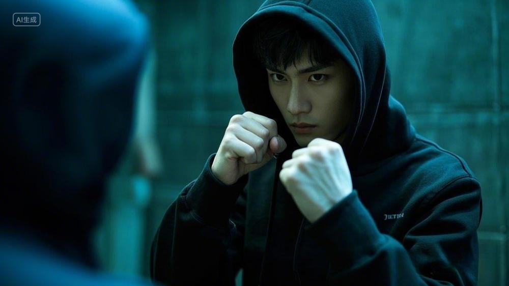 一位身着黑色连帽衫的人摆出类似格斗的准备姿势