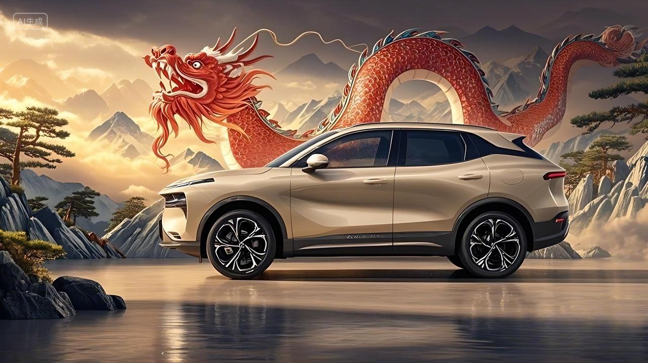 一辆米白色的SUV背景是极具中国风的画面一张汽车宣传海报