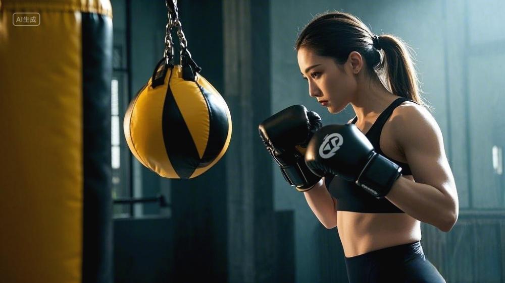 一位女性拳击者在进行拳击训练