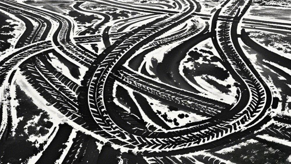 一幅黑白的轮胎痕迹图案