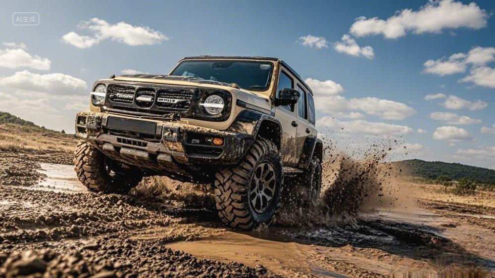 一辆白色的越野车正在泥泞路段行驶的场景