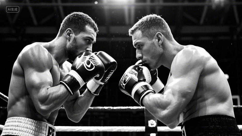 黑白照片展现了两名男性拳击手对峙的瞬间